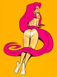 1girl alien alien_girl ass barefoot cartoon_network closed_mouth dc_comics eyebrows eyelashes feet female_only green_eyes looking_at_viewer naked_female nude older older_female open_eyes pink_hair pussy sexy sexy_body starfire teen_titans themrock toes yellow_background young_adult young_adult_female young_adult_woman