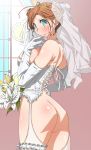  1girl ass bare_shoulders big_breasts blue_eyes blush bottomless bouquet breasts bride brown_hair bustier dress earrings elbow_gloves flower flowers garter garter_straps gloves huge_breasts indoors jewelry kunifuto large_breasts looking_at_viewer necklace original original_character shiny shiny_skin short_hair smile solo tears thighhighs tiara veil wedding_dress white_gloves 