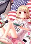  &gt;:&lt; 1girl :t american_flag barefoot bed blonde_hair blush candy clothes_writing controller digital_media_player flag_print food food_on_face futaba_anzu game_controller handheld_game_console high_res highres holding idolmaster idolmaster_cinderella_girls kago_no_tori long_hair looking_at_viewer lying on_back panties pantyshot pillow playstation_portable pocky red_eyes shirt solo stuffed_animal stuffed_bunny stuffed_toy sweets t-shirt twin_tails twintails underwear upskirt 