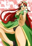  1girl black_panties blue_eyes breasts china_dress chinadress chinese_clothes cleavage dress female hat hong_meiling huge_breasts long_hair panties pantyshot red_hair solo the_embodiment_of_scarlet_devil toudori touhou underwear 