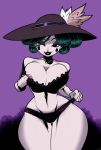 1girl areola artist_request big_breasts disney eclipsa_butterfly eyeshadow feathers grin hat hourglass_figure lingerie lipstick milf pale_skin purple_background star_vs_the_forces_of_evil undressing voluptuous wide_hips wink