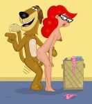  1boy 1girl bespectacled breasts clothes clothes_removed cum cum_inside dog dukey female female_human female_human/male_dog glasses human indoors johnny_test long_hair long_red_hair male male/female male_dog mary_test nude penis red_hair sex sideboob standing taken_from_behind topflite 