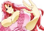  1girl blue_eyes breasts cleavage dress female from_below hong_meiling huge_breasts jewelry red_hair ring solo the_embodiment_of_scarlet_devil toudori touhou wedding_dress 
