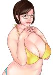  1girl big_breasts bikini breasts brown_hair cleavage glasses kusagami_style large_breasts lips original plump short_hair simple_background solo standing swimsuit white_background 