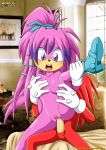  anthro archie_comics bbmbbf bedroom blush boots echidna furry julie-su knuckles_the_echidna leg_lift long_hair mobius_unleashed mouth_open nude palcomix purple_eyes sega sex sonic_(series) sonic_the_hedgehog_(series) two_tone_hair vaginal 
