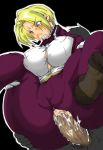  1girl anal bared_teeth blonde_hair blue_eyes blush bow bowtie breasts bursting_breasts clothed_sex covered_nipples cum cum_in_ass cum_in_pussy cum_inside erect_nipples formal huge_breasts ippatute-kinta jacket king_(snk) king_of_fighters no_bra no_shoes open_clothes open_jacket overflow pant_suit pantyhose penis pussy_juice rape sash sex shirt short_hair straddling suit tears the_king_of_fighters upright_straddle 