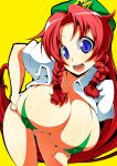  1girl bent_over blue_eyes bottomless braid breasts bursting_breasts female hat hong_meiling huge_breasts leaning_forward red_hair smile solo star the_embodiment_of_scarlet_devil toudori touhou twin_braids 