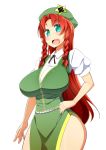  1girl big_breasts blue_eyes breasts female hong_meiling large_breasts red_hair simple_background solo toudori touhou white_background 