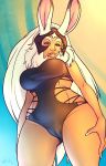 2012 animal_ears big_breasts breasts cameltoe claws clothed clothing female final_fantasy fran hair human lagomorph lips long_hair looking_at_viewer looking_down rabbit_ears red_eyes sheela smile solo standing swimsuit thighs tight_clothing video_games white_fur white_hair