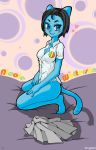 badge bottomless cool_colors english_text feline female half-dressed heart inugami2007 looking_at_viewer nicole_watterson skirt smile solo text the_amazing_world_of_gumball undressing