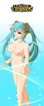  1girl blue_hair breasts brown_eyes league_of_legends long_hair navel nipples nude smile solo sona twin_tails 