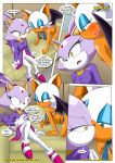  anthro bbmbbf blaze_the_cat blush clothing comic dialog kissing mobius_unleashed palcomix rouge_the_bat sega sonic_(series) sonic_the_hedgehog_(series) text the_heat_of_passion 