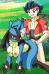  1boy 1girl all_fours bbmbbf black_eyes black_hair breasts doggy_position female furry lucario lunick male male/female nintendo nipples palcomix palcomix*vip palcomix_vip pokemon pokepornlive red_eyes sex tail tail_grab 