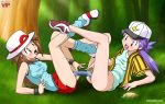  2_girls art ass ass_to_ass bare_legs baseball_cap bbmbbf blue_eyes blush bottomless breasts brown_hair casey_(pokemon) creatures_(company) crossover dildo dildo_in_pussy double_dildo erect_nipples female/female female_only female_protagonist_(pokemon_rgby) forest game_freak grass hat humans_of_pokemon insertion leaf_(pokemon) legs legs_up long_hair looking_at_another low_twintails moaning multiple_girls mutual_yuri nanako_(pokemon) nintendo nipples no_panties open_mouth outside palcomix palcomix*vip palcomix_vip pokemon pokemon_(anime) pokemon_(game) pokemon_frlg pokemon_gsc pokemon_red_green_blue_&amp;_yellow pokemon_rgby pokepornlive porkyman purple_hair pussy pussy_juice red_skirt sex skirt sleeveless sneakers striped striped_clothes tree vaginal_insertion video_game_character yuri 
