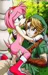  1boy 1girl amy_rose areolae bbmbbf breasts crossover female link mobius_unleashed nintendo nipples palcomix palcomix_vip sega sideboob sonic_(series) sonic_the_hedgehog_(series) the_legend_of_zelda 