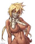  1girl abs arrancar bleach blonde_hair blue_eyes breasts bust dark_skin espada female hand_on_hip hips hollow large_breasts long_hair looking_at_viewer mask mound_of_venus muscle navel nipples nude out-of-frame_censoring revealing_clothes sefuart solo speh tan_skin tattoo tier_harribel toned watermark web_address 