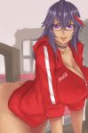 :p ahoge ass blush bottomless breasts choker cleavage coca-cola cola cola_(exaxuxer) cola_(kuma_x) copyright_name dark_skin exaxuxer feathers glasses hair_feathers highres hood hooded_jacket hooded_track_jacket hoodie huge_breasts jacket kuma_x multicolored_hair naked_hoodie naked_track_jacket original product_placement purple_eyes purple_hair red-framed_glasses semi-rimless_glasses sleeves_rolled_up solo streaked_hair tongue tongue_out track_jacket under-rim_glasses unzipped v_arms