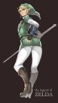  1boy androgynous ass bad_id belt blonde_hair blue_eyes boots brown_background copyright_name deep_skin english fingerless_gloves gloves hat high_res highres kazutani_ninshi legs link looking_back male open_mouth parted_lips pointy_ears simple_background solo sword the_legend_of_zelda title_drop trap wadani_hitonori weapon 