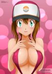  1girl alluring big_breasts brown_hair creatures_inc. female_protagonist_(pokemon_go) game_freak green_eyes hat nintendo pokemon sling_bikini zel-sama 