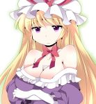  1girl bare_shoulders blonde_hair bow breast_hold breasts bust bust_cup choker cleavage crossed_arms double_penetration dress elbow_gloves expressionless female gloves hammer_(sunset_beach) hat large_breasts long_hair male neck_ribbon off_shoulder purple_eyes ribbon ribbon_choker solo touhou upper_body very_long_hair water white_gloves yakumo_yukari 