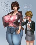  2_girls between_breasts blue_background blush breasts brown_hair cleavage clothed cross_necklace dialogue english_text freckles gradient_background hard-degenerate height_difference high_res hourglass_figure huge_breasts human humor jacket jeans kate_marsh larger_female life_is_strange max_caulfield messenger_bag multiple_girls necklace nipple_bulge perky_breasts size_difference skirt smaller_female speech_bubble strap_between_breasts sweat text thick_thighs thought_bubble voluptuous wide_hips yuri 
