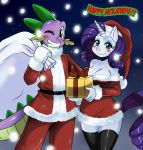  2012 animal_ears anthro blue_eyes blush christmas cleavage dragon duo equine female friendship_is_magic gift green_eyes hair holidays horn horse male my_little_pony pony purple_hair rarity sack smile snow spike sssonic2 text unicorn white_fur wink 