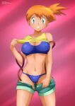  1girl alluring alternate_breast_size bare_shoulders belly big_breasts bikini blue_bikini blush breasts clothed clothes female_only green_eyes grin human human_only kasumi_(pokemon) looking_at_viewer misty misty_(pokemon) navel nintendo orange_hair pink_background pokemon pokemon_(anime) pokemon_rgby shirt shirt_lift shorts shorts_down side_ponytail smile spread_legs standing suspenders swimsuit tank_top teeth text thigh_gap thin_waist undressing watermark zel-sama 
