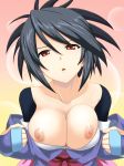  1girl beesama big_breasts black_hair bra bra_pull breasts brown_eyes cleavage collarbone high_res highres horny hou_(hachiyou) japanese_clothes large_breasts nipples off_shoulder parted_lips sheena_fujibayashi solo tales tales_of_(series) tales_of_symphonia underwear white_bra 