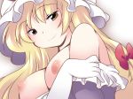  1girl areolae bare_shoulders blonde_hair breasts double_penetration elbow_gloves female gloves hair_ribbon hammer_(sunset_beach) hat large_breasts long_hair looking_at_viewer male nipples puffy_nipples ribbon simple_background smile solo touhou white_background white_gloves yakumo_yukari yellow_eyes 