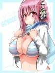 1girl bikini blush border breasts bust character_name double_penetration female headphones large_breasts long_hair looking_at_viewer male nitroplus pink_hair red_eyes scarf shiny shiny_skin skindentation solo striped striped_bikini striped_swimsuit super_sonico swimsuit unzipped upper_body zerion_(pixiv1780570) zipper