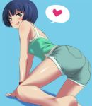  1girl all_fours ano_natsu_de_matteru aqua_eyes arm_support ass bare_legs bare_shoulders blue_background blue_hair blush breasts camisole casual digdug006 double_penetration female from_behind heart legs long_legs looking_at_viewer looking_back male naughty_face open_mouth short_hair short_shorts shorts simple_background smirk solo spoken_heart tanigawa_kanna 