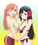  2girls ;d bikini bikini_top black_hair bow breasts brown_hair cleavage double_penetration female fictional_persona green_eyes hair_bow hair_ornament hairclip hand_holding holding_hands long_hair male multiple_girls one_eye_closed open_mouth original pants purple_eyes smile swimsuit track_pants ueyama_michirou wink 