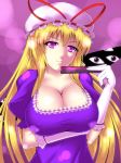  1girl blonde_hair blush breast_hold breasts cleavage closed_fan covered_nipples crossed_arms double_penetration erect_nipples eyes fan female folding_fan gap genjuu_rou gloves hat highres huge_breasts long_hair looking_at_viewer male naughty_face purple_eyes revision seductive_smile solo touhou white_gloves yakumo_yukari 