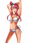  1girl arms_up bikini blue_eyes bluedoggie breasts fuuro_(pokemon) gym_leader long_hair open_mouth pokemon pokemon_(game) pokemon_bw red_hair swimsuit topknot 