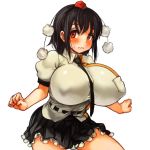  1girl before_and_after black_hair blush breasts embarrassed female hat huge_breasts looking_at_viewer looking_away neck_tie necktie red_eyes sachito shameimaru_aya skirt solo tokin_hat touhou wavy_mouth 