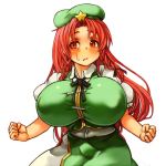  1girl before_and_after braid breasts china_dress chinese_clothes dress female hong_meiling huge_breasts red_eyes red_hair sachito solo touhou 