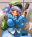  1girl backpack bag blue_eyes blue_hair breasts female finger_on_trigger gun hair_bobbles hair_ornament huge_breasts kawashiro_nitori key sachito solo touhou twin_tails twintails two_side_up weapon wide_hips 