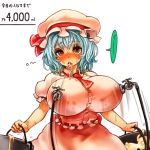  1girl alternate_breast_size before_and_after blue_hair breasts bucket faucet female holding huge_breasts lactation looking_at_viewer milk milking_machine red_eyes remilia_scarlet sachito solo touhou 