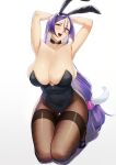 1girl 2022 armpits arms_behind_head arms_up big_breasts black_leotard blueorca breasts bunny_ears bunny_girl bunnysuit choker cleavage clothed_female fate/grand_order fate_(series) female_focus female_only hair_ornament high_heels highleg_leotard huge_breasts kneel leotard light_blush long_hair looking_at_viewer mature mature_female milf minamoto_no_raikou_(fate/grand_order) mommy_kink narrowed_eyes open_mouth pantyhose purple_eyes purple_hair simple_background solo_female solo_focus thick_thighs tights very_long_hair video_game_character video_game_franchise