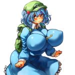  1girl alternate_breast_size backpack bag before_and_after blue_eyes blue_hair breasts female hair_bobbles hair_ornament huge_breasts kawashiro_nitori key looking_at_viewer sachito solo touhou twin_tails twintails two_side_up 