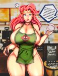  1girl adventures_of_sonic_the_hedgehog anger_vein apron artistic_madman big_breasts blue_eyes breasts breasts_bigger_than_head cleavage clothed_female cup dialogue earrings english_text female_focus female_only front_view green_apron high_res holding holding_object huge_breasts iced_latte_with_breast_milk katella_the_huntress light-skinned_female light_skin long_hair mature mature_female meme naked_apron patreon patreon_paid patreon_reward pen red_hair sega solo_female solo_focus speech_bubble starbucks_breastmilk_meme text thick_thighs video_game_franchise voluptuous wide_hips 