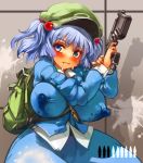 1girl aqua_eyes aqua_hair between_breasts blush breasts erect_nipples face female gun hat hips huge_breasts huge_nipples kawashiro_nitori lactation large_nipples sachito solo touhou twin_tails twintails two_side_up weapon wide_hips 