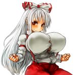  1girl alternate_breast_size before_and_after breasts female fujiwara_no_mokou hair_ribbon huge_breasts looking_at_viewer red_eyes ribbon sachito solo suspenders touhou white_hair 