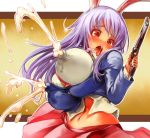  1girl blush breasts erect_nipples female himazin huge_breasts lactation long_hair navel purple_hair red_eyes reisen_udongein_inaba sachito solo tongue tongue_out touhou weapon 