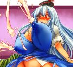  1girl blue_hair blush bottomless breasts cleavage erect_nipples female gigantic_breasts hat kamishirasawa_keine lactation long_hair milk mound_of_venus no_panties open_mouth red_eyes sachito solo tears touhou 