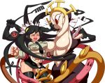  1girl 2girls angry annoyed asymmetrical_docking big_breasts black_hair black_legwear blush breast_press breasts closed_eyes double_(skullgirls) extra_mouth fighting filia_(skullgirls) futakuchi-onna hair hands huge_breasts impossible_clothes impossible_shirt jill_besson_(vordandan) large_breasts long_hair miniskirt monster monster_girl multiple_girls mutant navel neck_tie necktie open_mouth ouch pain prehensile_hair red_eyes samson_(skullgirls) sexually_suggestive shirt simple_background skirt skullgirls smile standing stockings sweat tears teeth tentacle tentacles thick_thighs thighhighs thighs tongue vordandan white_background yellow_eyes zettai_ryouiki 