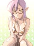  1girl :3 ahoge bare_shoulders bed bikini blush breast_squeeze breasts cleavage glasses green_eyes henrietta_de_tristain high_res huge_breasts long_hair looking_at_viewer open_mouth original pointy_ears purple_hair raised_eyebrow short_hair sitting smile solo swimsuit tomite ueyama_michirou yellow_eyes zero_no_tsukaima 