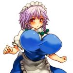  1girl before_and_after braid breasts female huge_breasts izayoi_sakuya looking_at_viewer maid maid_headdress red_eyes sachito silver_hair solo touhou 