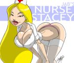  aeolus ass bent_over breasts cleavage female nurse_stacey original_character smile stockings thong 