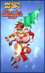 2012 anthro barbarian bell big_breasts bovine breasts brown_hair cattle christmas christmas_tree cleavage clothed clothing cow_bell eltonpot female green_eyes hair hat holidays horn huge_breasts looking_at_viewer mellany_mellons navel santa_hat skimpy smile solo sword tail_tuft tree warrior weapon wide_hips